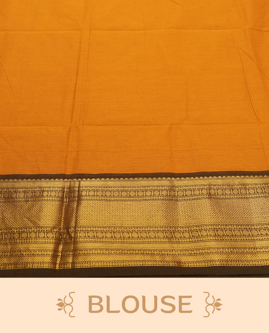 Orange Silk Cotton Saree with Plain Body, Accented by Gold Zari Geometric Border on Orange and Gold Striped Pallu, Paired with Matching Blouse Piece