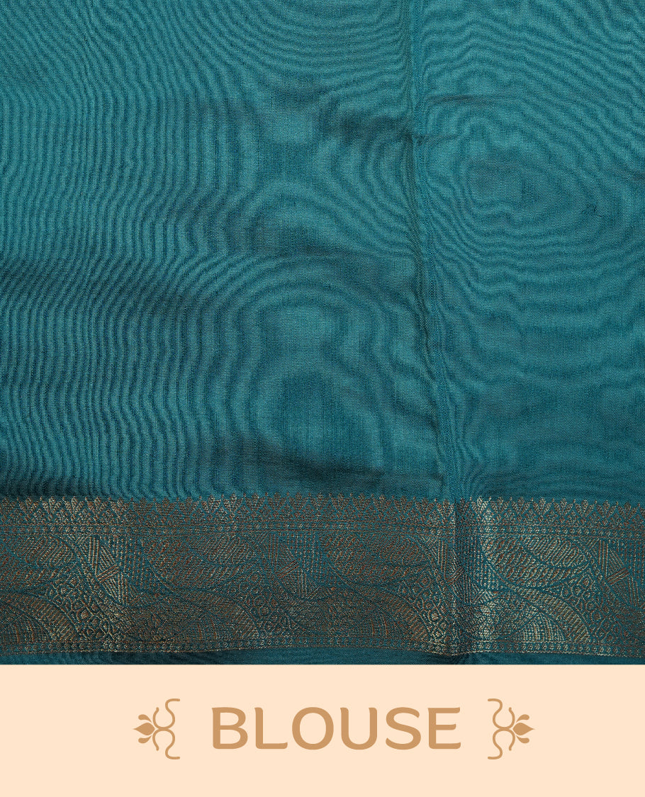 Aqua Green colour Pure tussar Banarasi saree featuring Gold zari motifs on body, a contrast Teal colour gold zari border, and blouse piece.