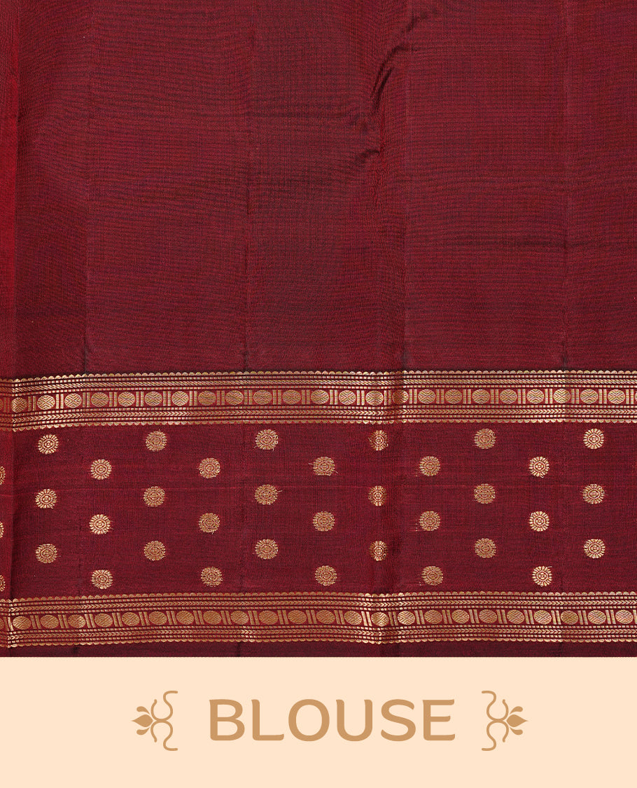 Orange colour Traditional Kancheepuram silk saree featuring gold zari motifs on body, enhanced with contrast Maroon with traditional border, paired with matching blouse piece.