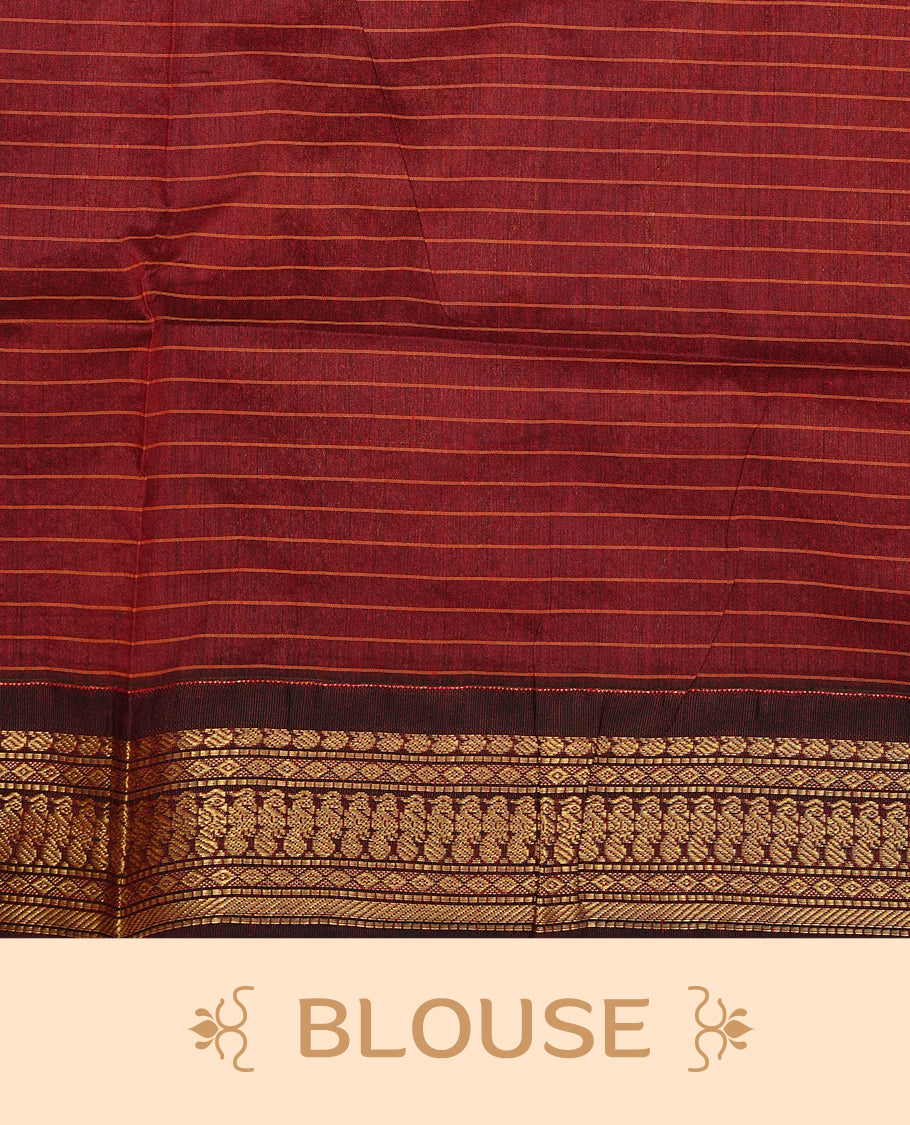 Orange colour Kalyani cotton saree featuring Gold zari check pattern on body, complemented by Contrast Dark Brown colour with grand gold zari border & pallu, matching blouse piece