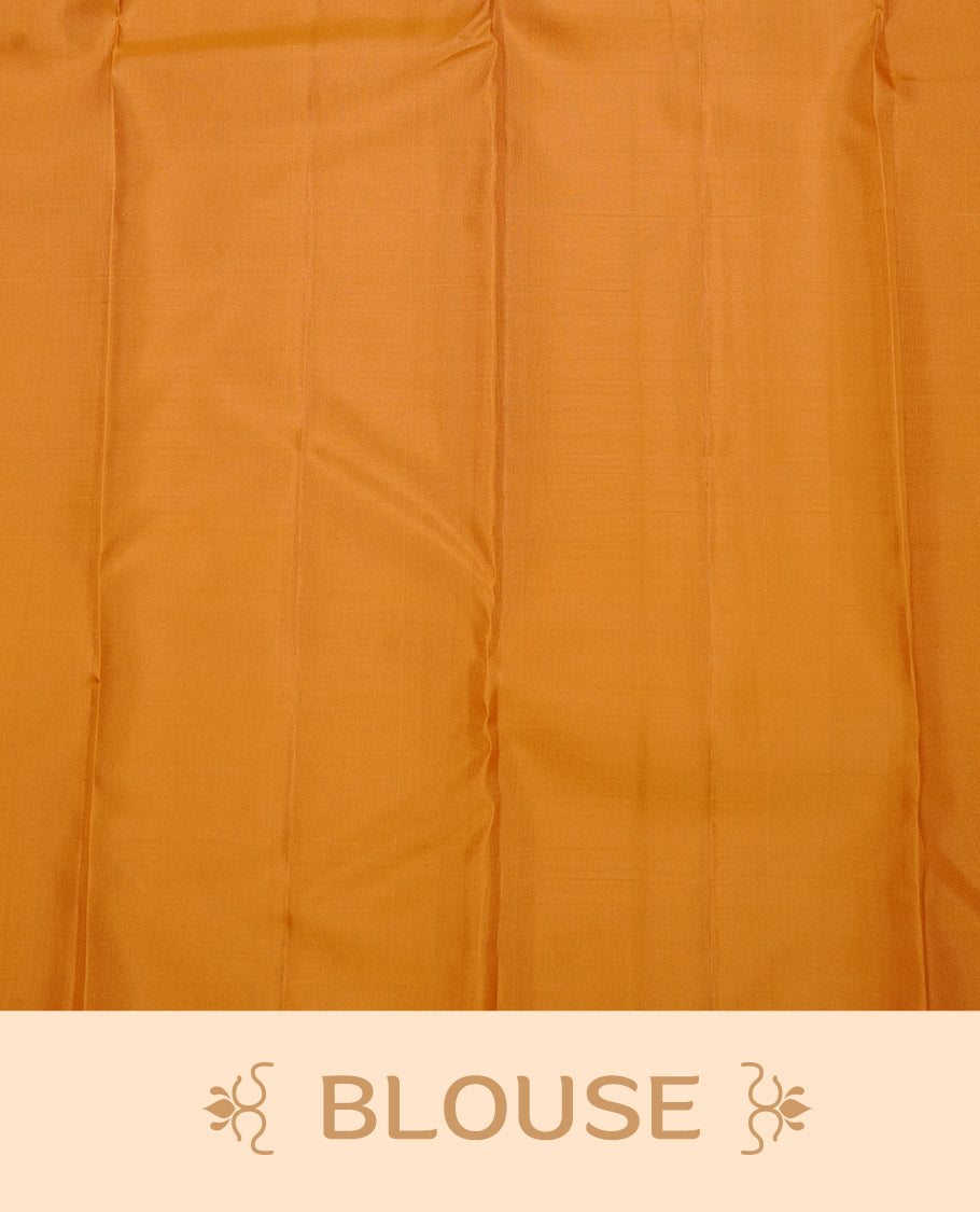 Mustard Yellow Colour Traditional Kancheepuram Silk Saree Featuring Bronze Zari Pattern Motifs on the Body, Designed Without a Border and with a Grand Pallu, Paired with a Matching Blouse.