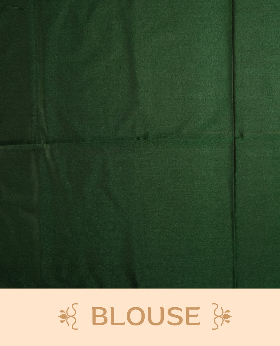 Deep mustard yellow colour semi soft silk saree, beautifully designed with woven leaf motifs & The look is enhanced by a rich contrast green pallu, paired with a matching blouse.