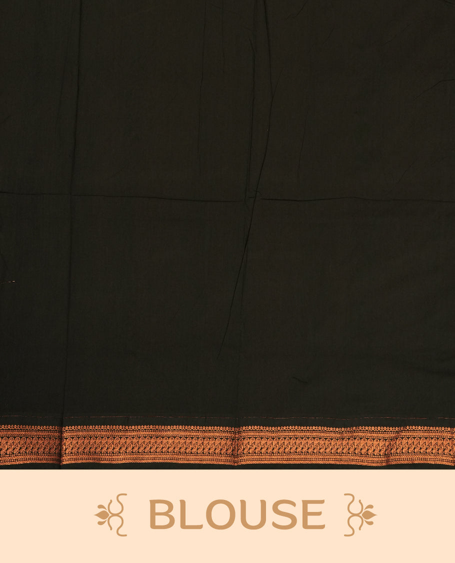 Orange colour Kalyani Cotton saree with rich black border and pallu, featuring copper zari peacock motifs and intricate weaving & Includes a matching blouse piece.