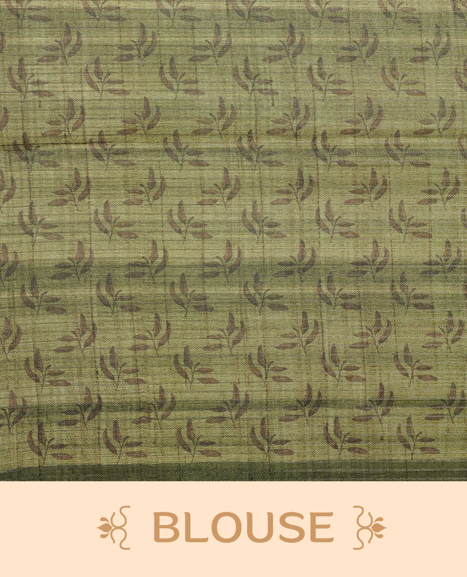 Green colour semi tussar silk saree featuring floral print and zari check across body, contrast dark green colour border and pallu, paired with matching blouse piece.