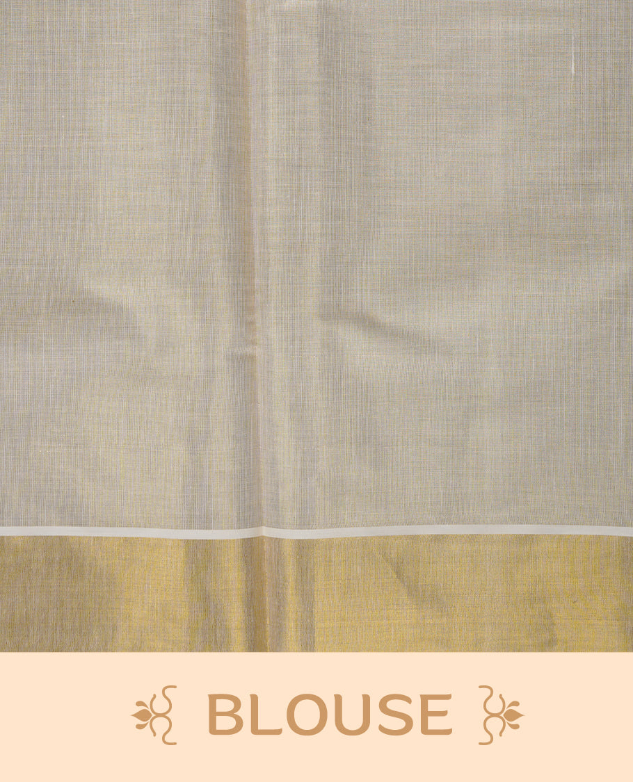 Off-white colour Tissue Kerala saree featuring elegant purple lotus motifs across the body, highlighted with a classic gold kasavu border and matching woven pallu, paired with a coordinating blouse.