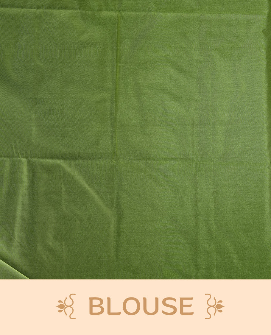 Purple colour semi soft silk saree, beautifully designed with self woven motifs & The look is enhanced by a rich contrast green border and pallu, paired with a matching blouse.