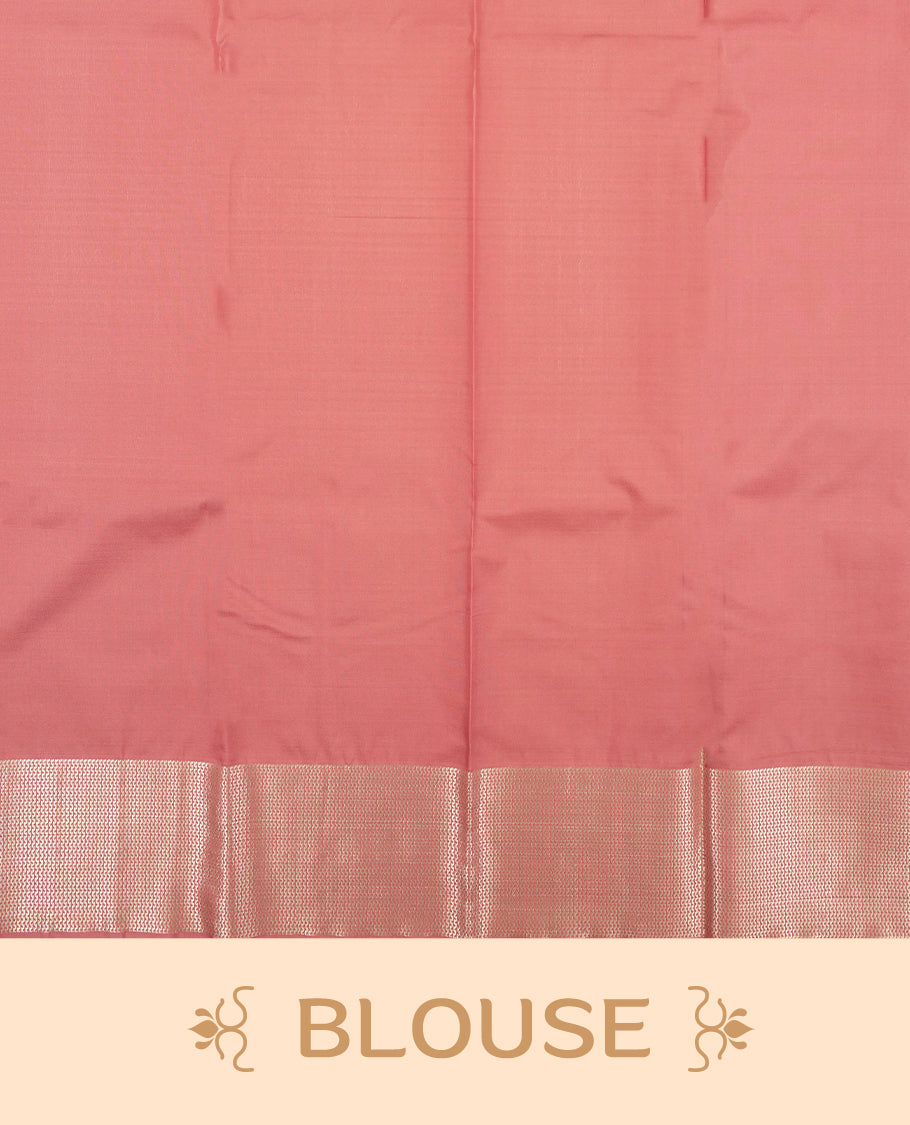 Dusty rose colour semi soft silk saree featuring a golden textured patterned body, complemented by self coloured golden zari motifes on pallu & border and a matching blouse piece.