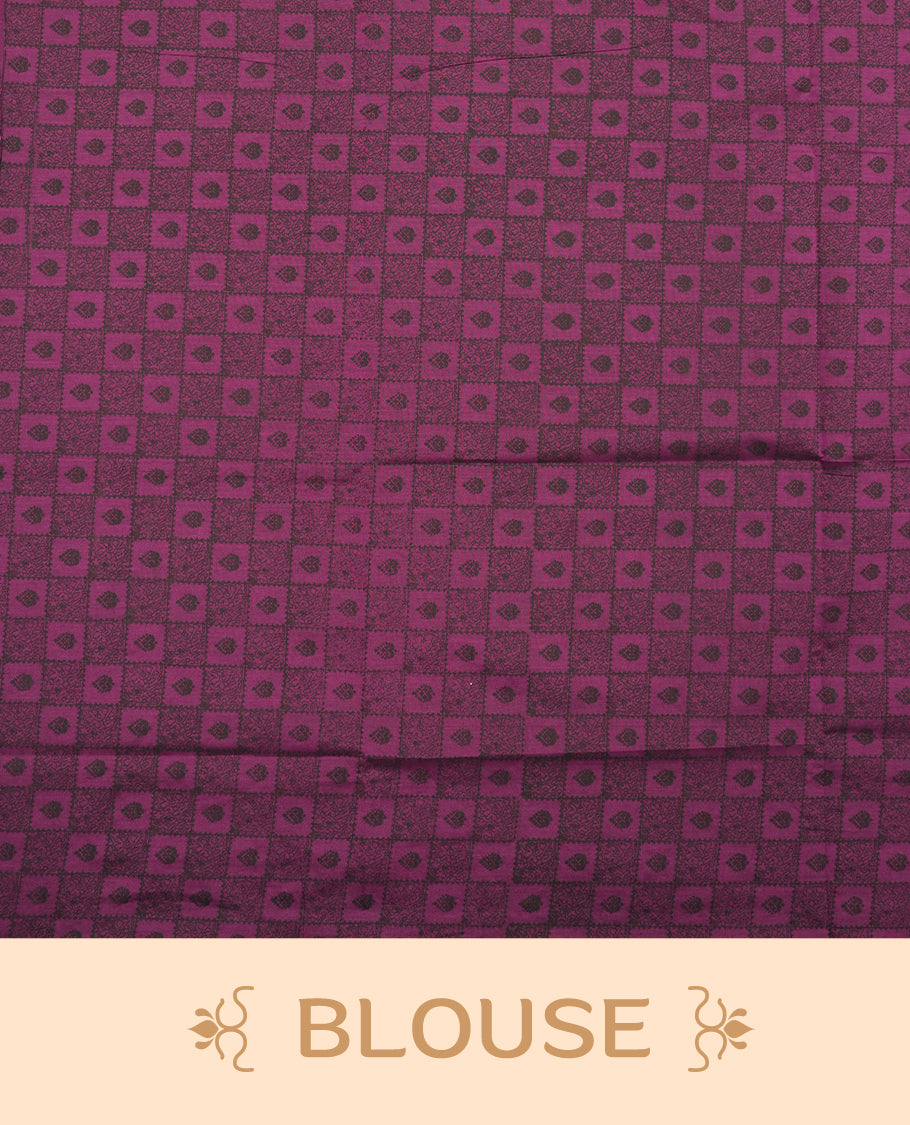 Purple colour poly cotton saree with black vertical dotted line pattern on the body, paired with a matching pallu featuring black zigzag geometric border, and a coordinated all‑over black stylised fleur‑de‑lis printed blouse piece.