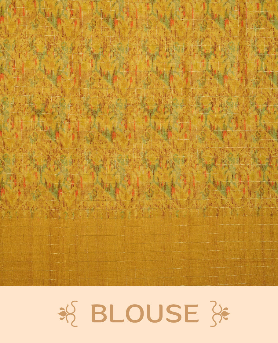 Beige colour semi tussar saree highlighting elegant plain body, contrast yellow colour border with gold zari box pattern, pallu and comes with matching blouse piece.