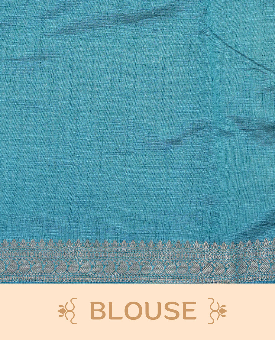 Cream colour Tussar silk saree Featuring Elegant Plain body, complemented by Contrast Blue colour with gold zari border, paired with matching blouse piece.