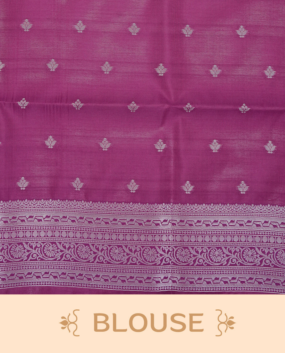 Baby pink colour semi silk saree featuring Silver zari Floral kodi pattern on body, complemented by contrast purple colour with silver zari border, comes with matching blouse piece.
