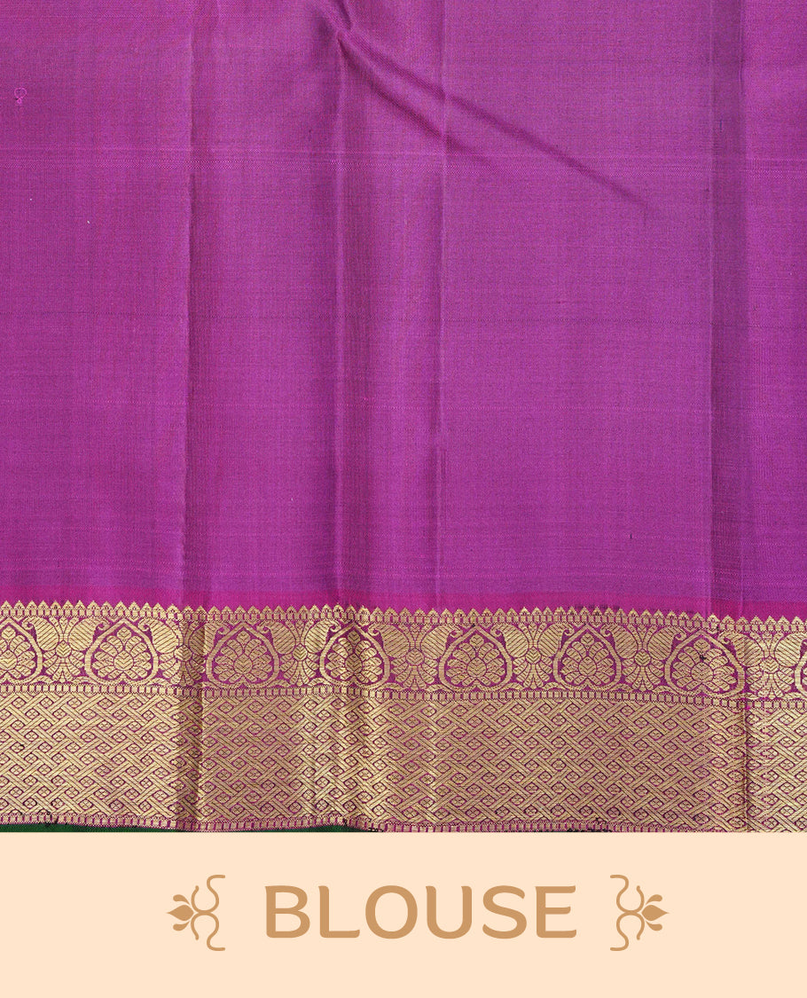 Olive Green Traditional kancheepuram silk saree featuring gold zari buttas on body, complemented by contrast Magenta & green with traditional border, comes with matching blouse piece.
