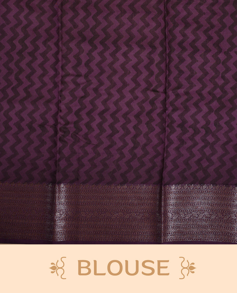 Purple colour chanderi silk saree with Floral block print On body, compilmented by self colour border with antique zari pattern and a matching blouse.