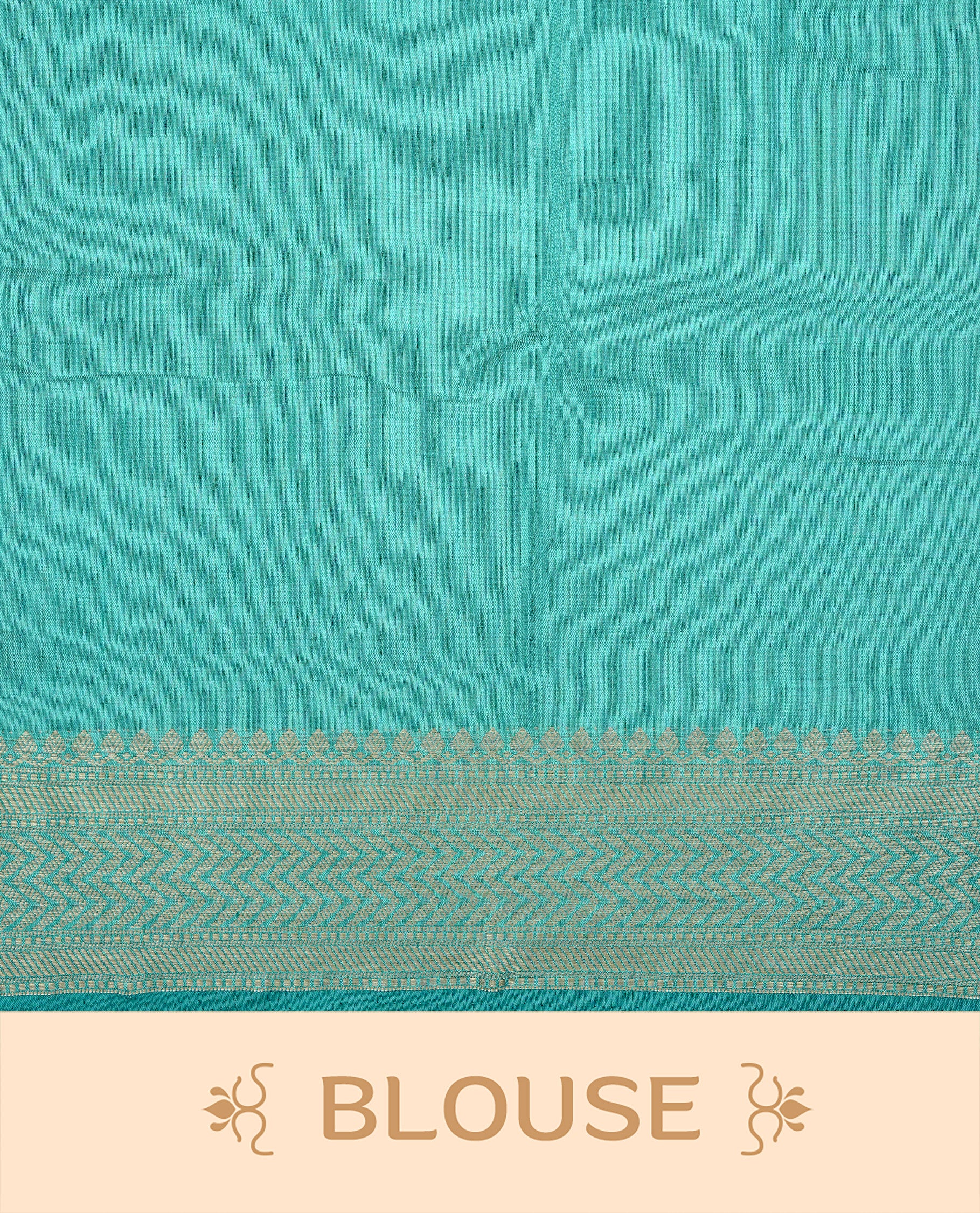 White cream colour Semi Tussar silk saree featuring an elegant plain body, accentuated by a contrast Aqua border adorned with intricate gold zigzag zari work, paired with a matching blouse piece.