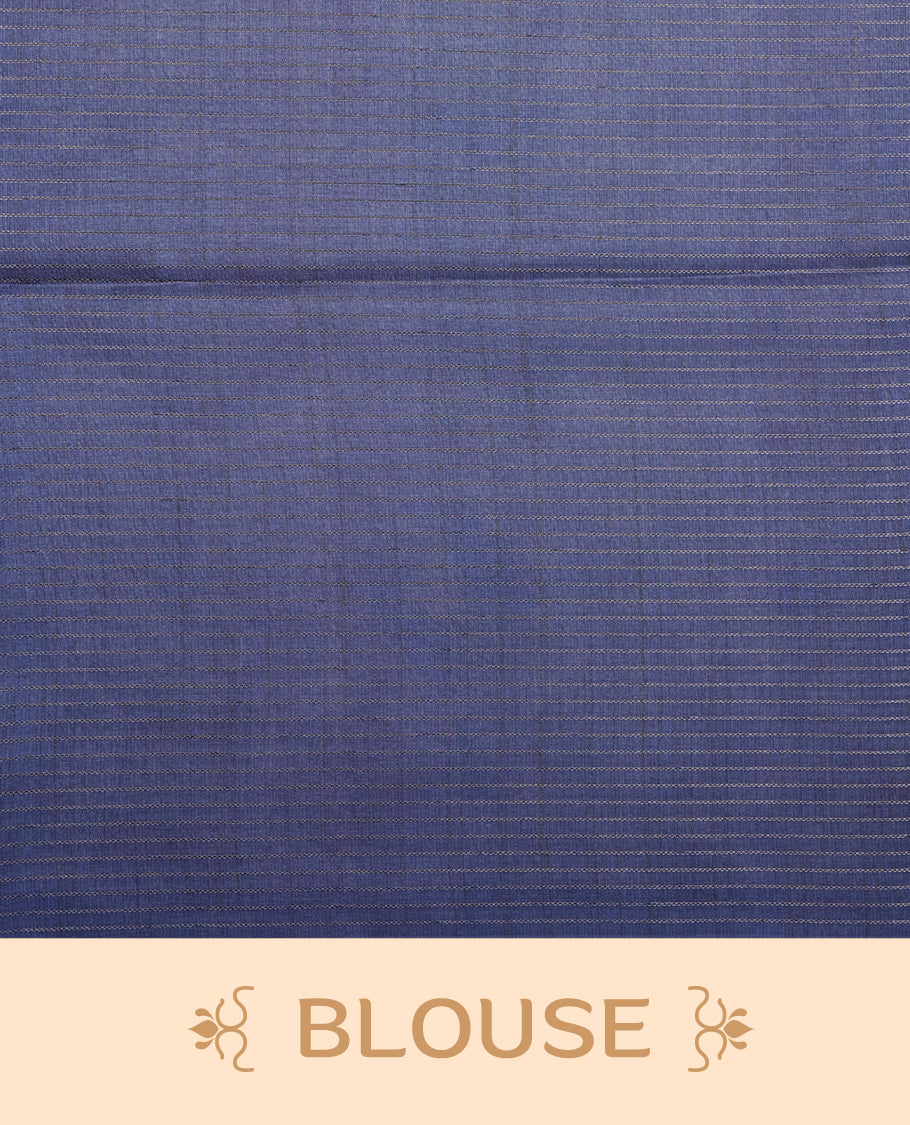 Wheat colour semi tussar silk saree featuring floral print and check pattern across body, contrast blue colour border and pallu, paired with matching blouse piece.