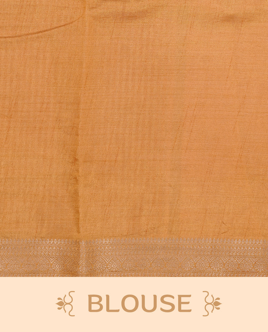Cream colour Tussar silk saree Featuring Elegant Plain body, complemented by Contrast Mustard colour with gold zari border, paired with matching blouse piece.