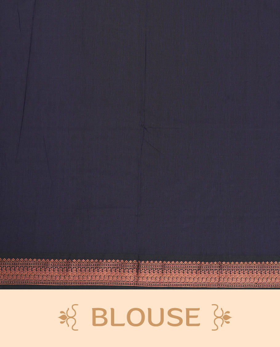 Sand colour Kalyani Cotton saree with subtle zari woven motifs all over, paired with a contrasting deep navy blue rich copper zari border and pallu & Comes with a matching blouse piece.