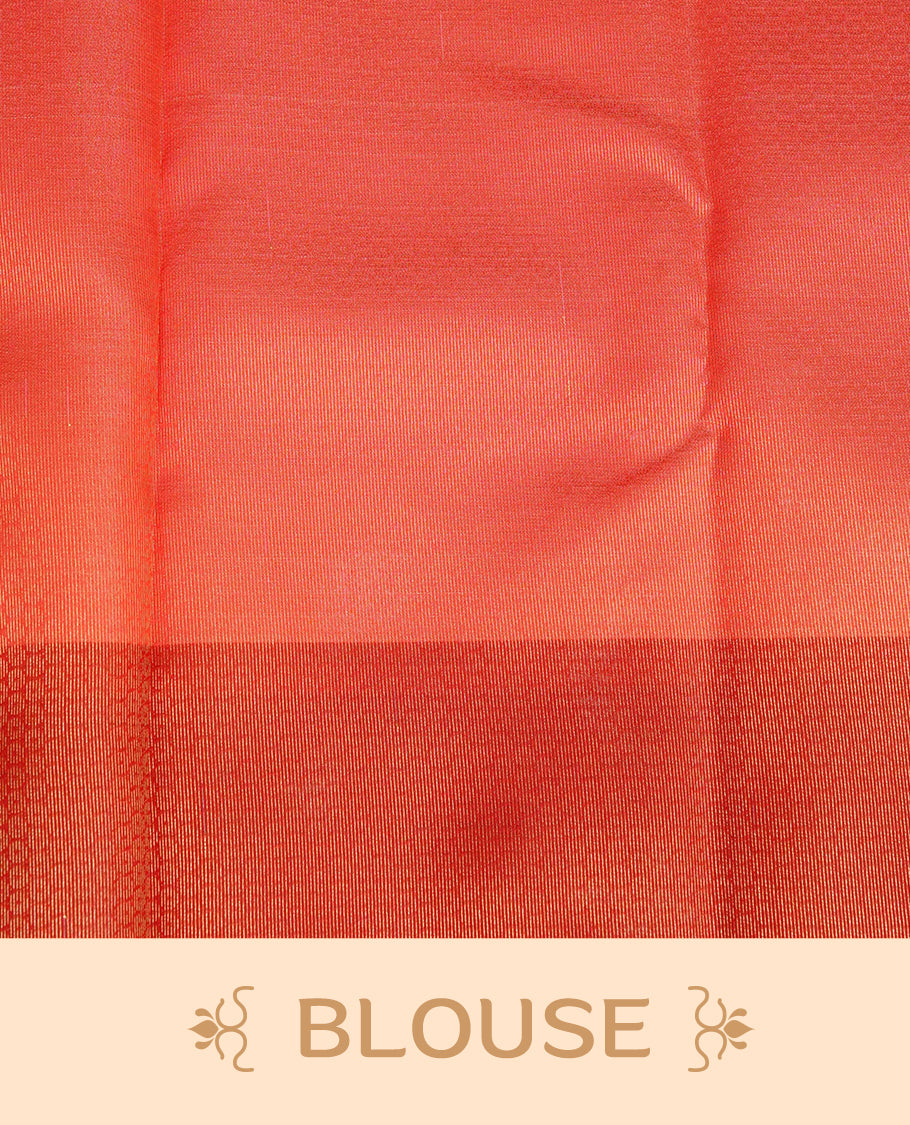 Cream Colour Semi Soft Silk Saree Featuring Gold zari Box With motifs Pattern On Body, Highlighted by contrast Red border with Gold zari, paired with matching blouse piece.