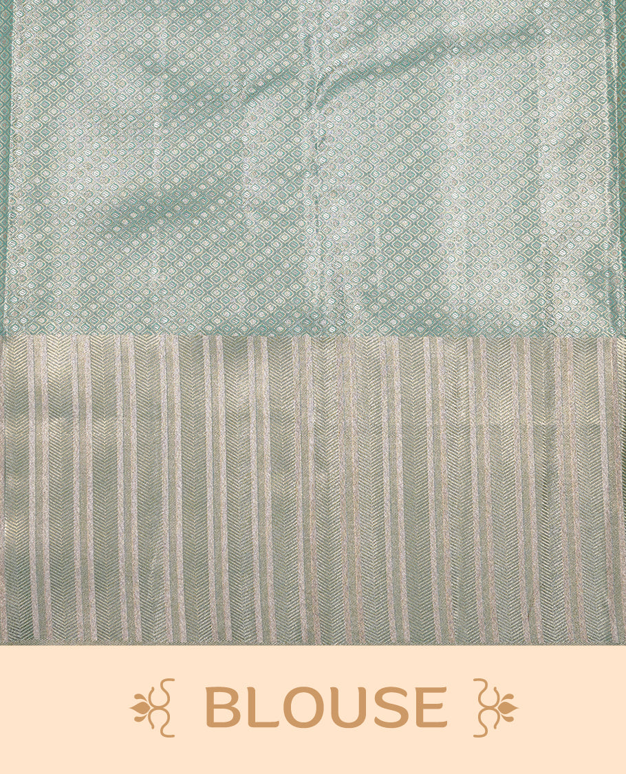Light Pink colour Tissue silk saree featuring Green colour floral zari motifs on body, complemented by contrast Light green zari border, paired with matching blouse piece.