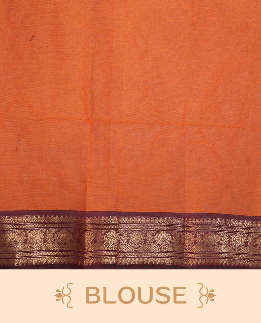 Orange colour chettinad cotton featuring black thread motifs on body, complemented by contrast brown colour with gold zari border, paired with matching blouse piece.
