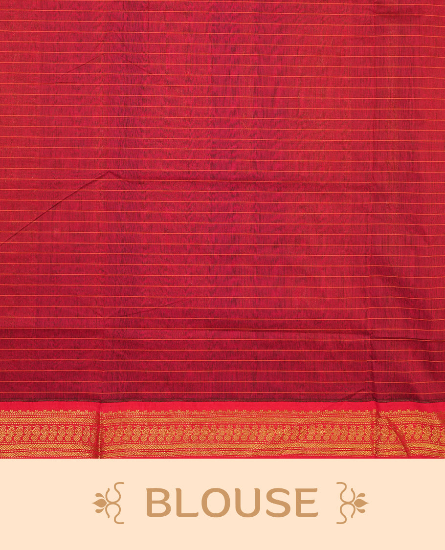 Dark Green coloured mixed Kalyani cotton saree featuring golden zari checks on the body, complemented by a dark red coloured border and pallu adorned with golden zari patterns, Paired with a matching blouse.