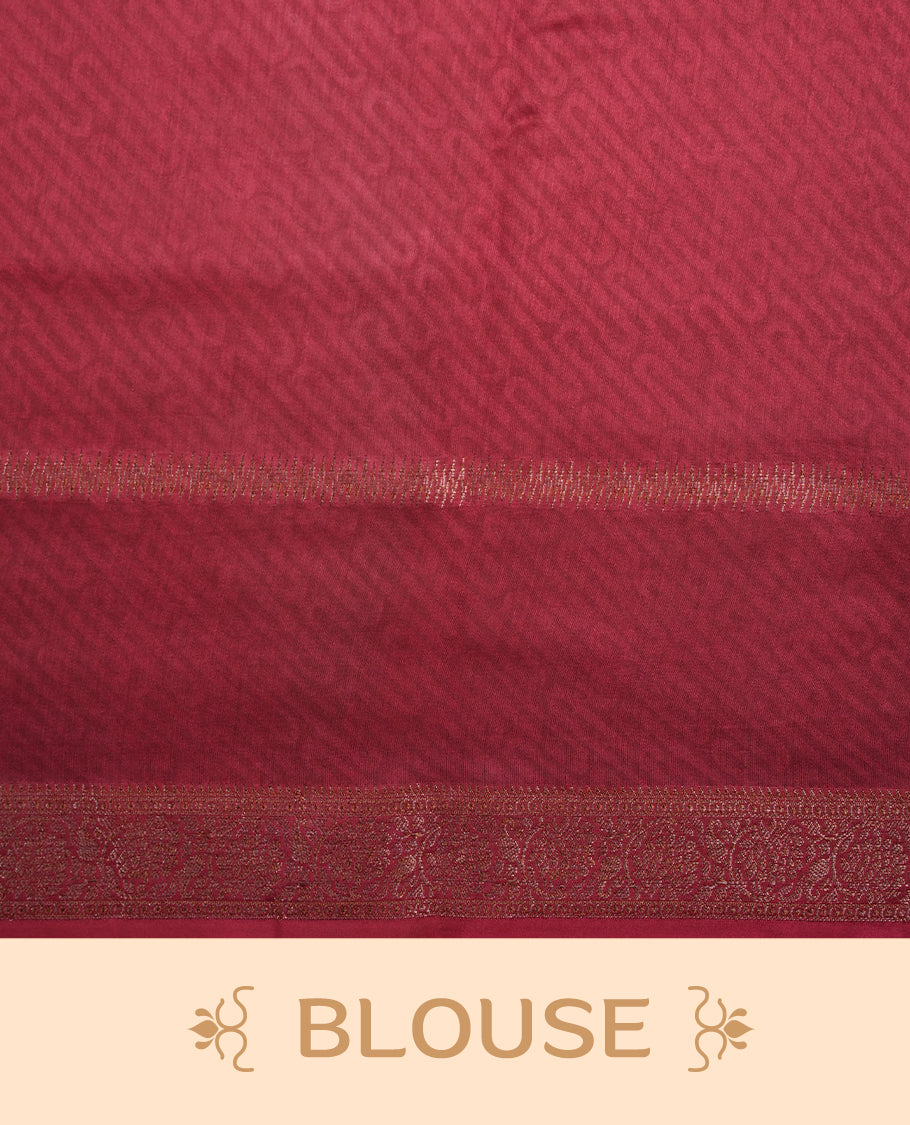 Mustard colour chanderi silk saree featuring floral kodi print pattern across body, with contrast red colour border with zari pattern and paired with matching blouse.