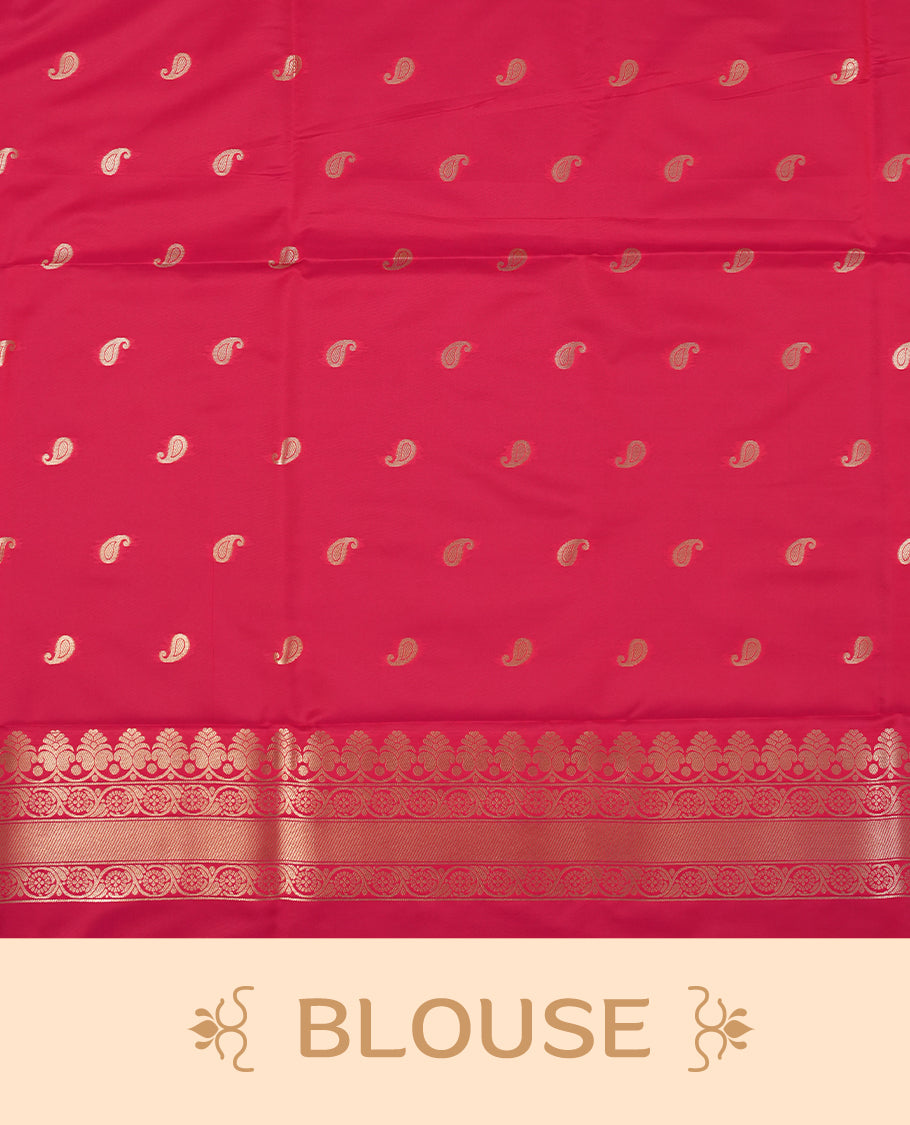 Dark Magenta colour semi soft silk saree featuring an all-over woven leaf pattern in gold colour, finished with a matching border adorned with detailed paisley and floral motifs, and a matching blouse piece.