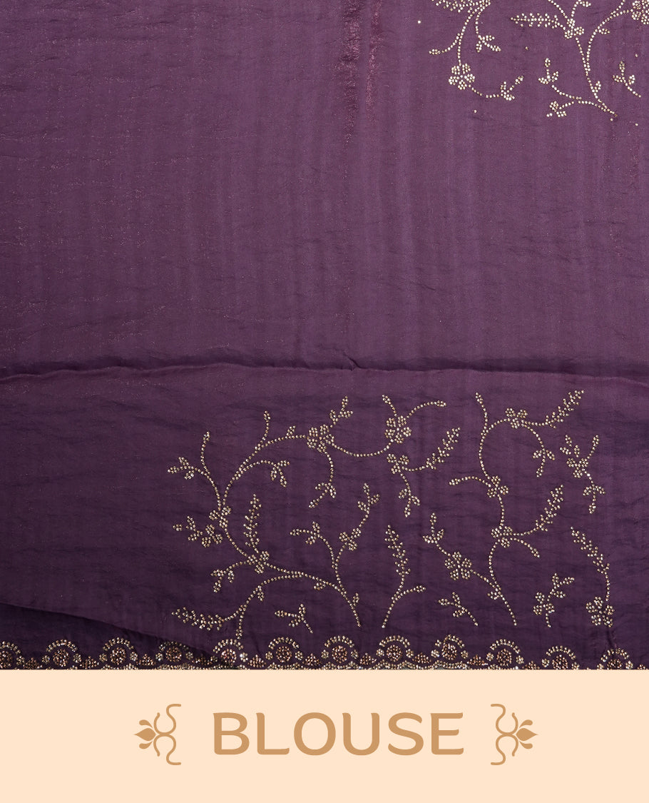Deep Violet Colour velvet Chiffon Designer Saree featuring Delicate White Stone motifs on Body, with Stone Detailing on the Border and Pallu, paired with a Matching Blouse.