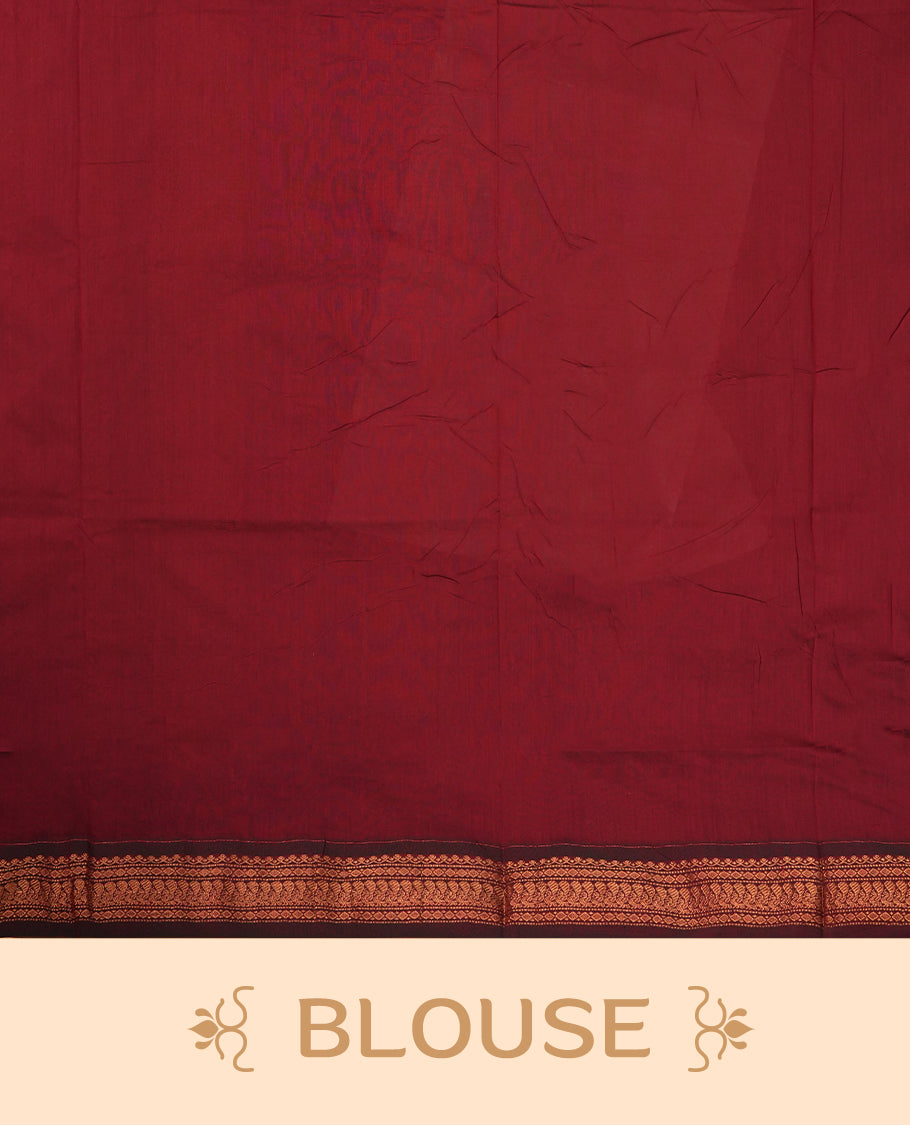 Black colour Kalyani Cotton saree with rich maroon border and pallu, featuring copper zari motifs and intricate weaving & Includes a matching blouse piece.