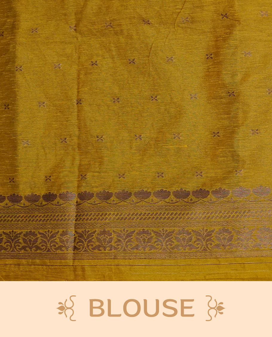 Mustard yellow colour semi linen saree with elegant gold zari floral motifs across the body, complemented by a contrast color grand pallu and a borderless design, paired with a matching blouse piece.