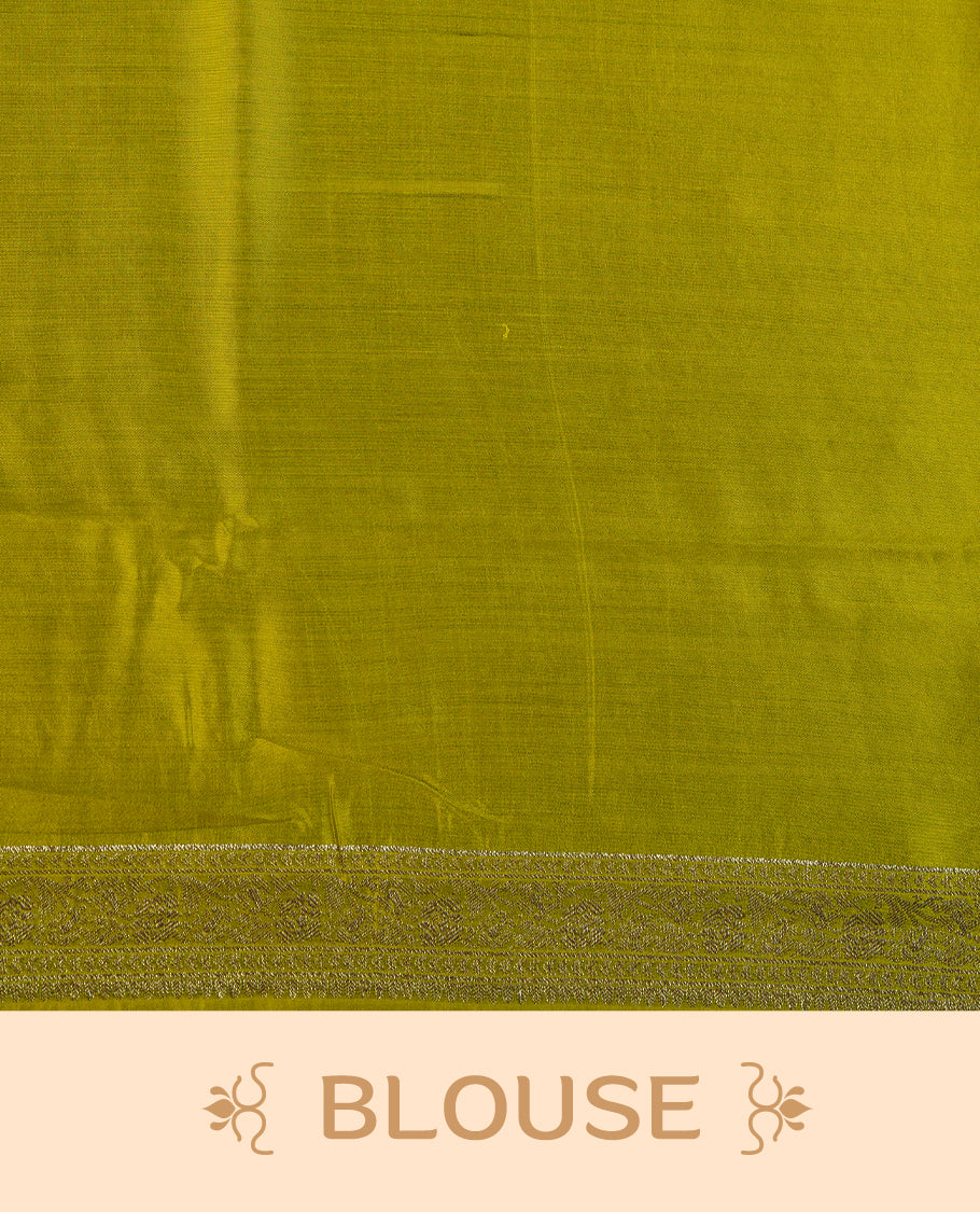 Olive colour pure tussar Banarasi saree featuring Gold zari motifs on body, self colour gold zari border, and a matching blouse piece.