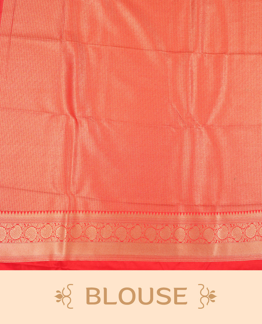 Lemon colour semi silk brocade saree featuring intricate Gold Floral kodi patterns across the body, complemented by a contrast rich red colour woven border and pallu, paired with a matching blouse.