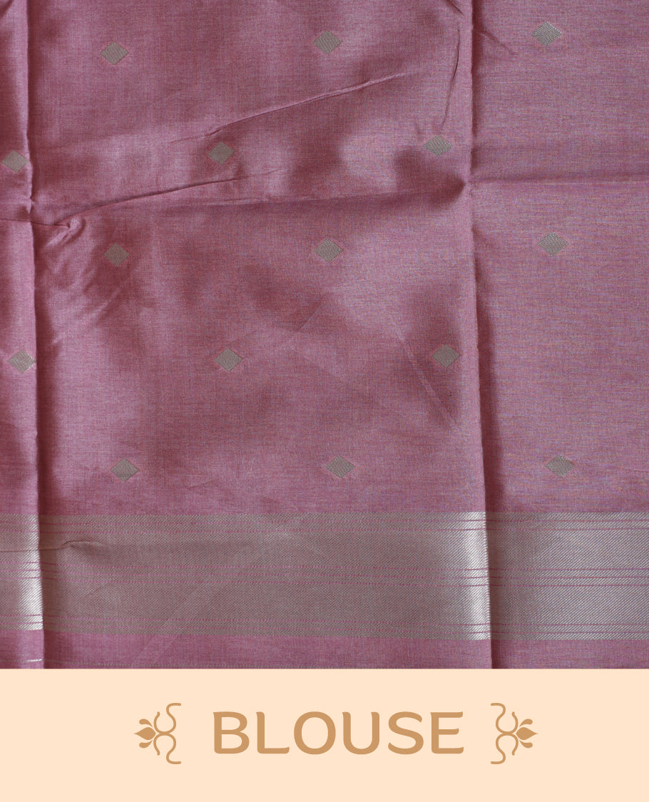 Green and silver dual tone colour semi tussar saree featuring woven abstract geometric motifs on the body, complemented by a ikat inspired patterned pallu, paired with a matching blouse.