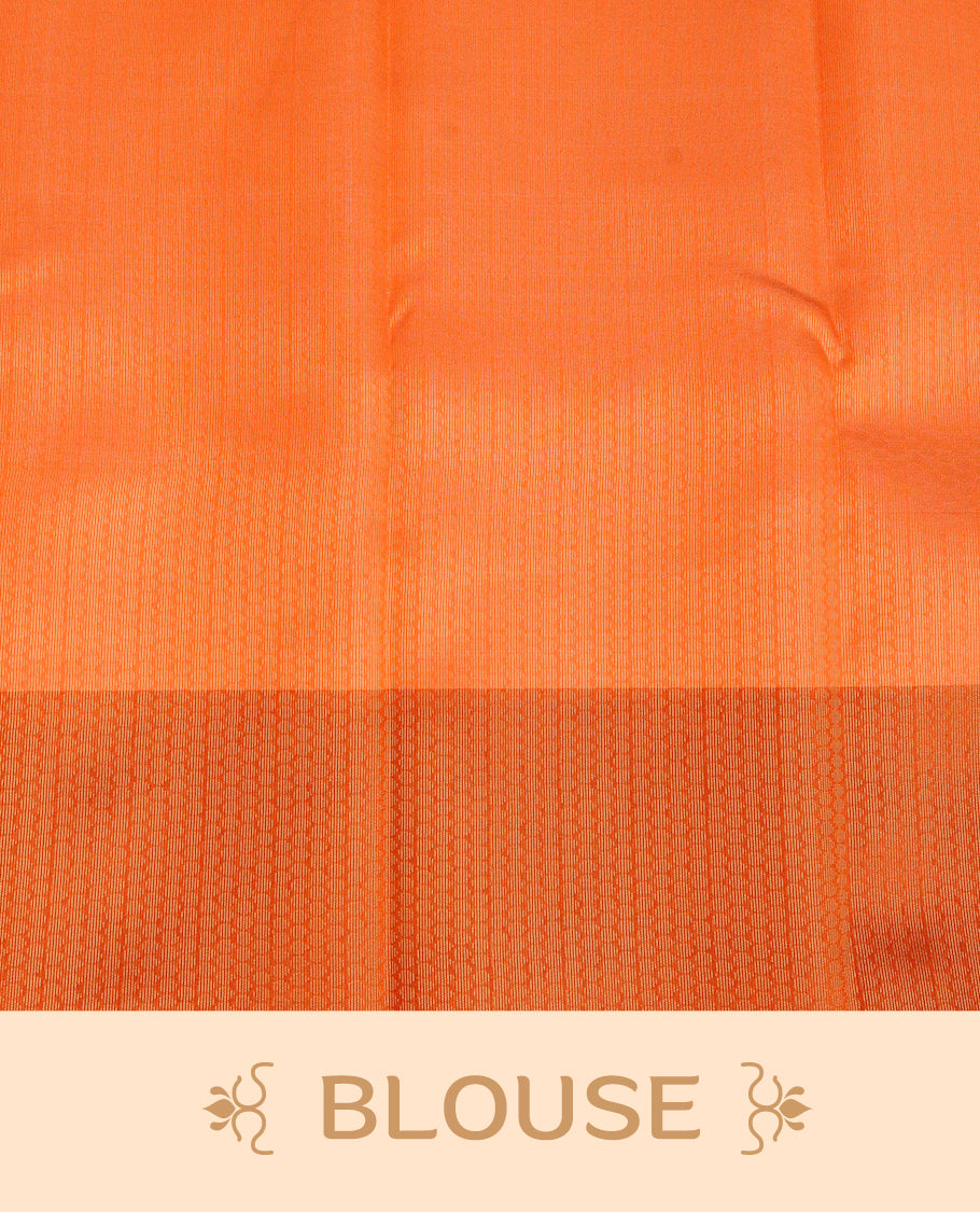 Cream Colour Semi Soft Silk Saree Featuring Gold zari Check With motifs Pattern On Body, Highlighted by contrast Orange border with Gold zari, paired with matching blouse piece.