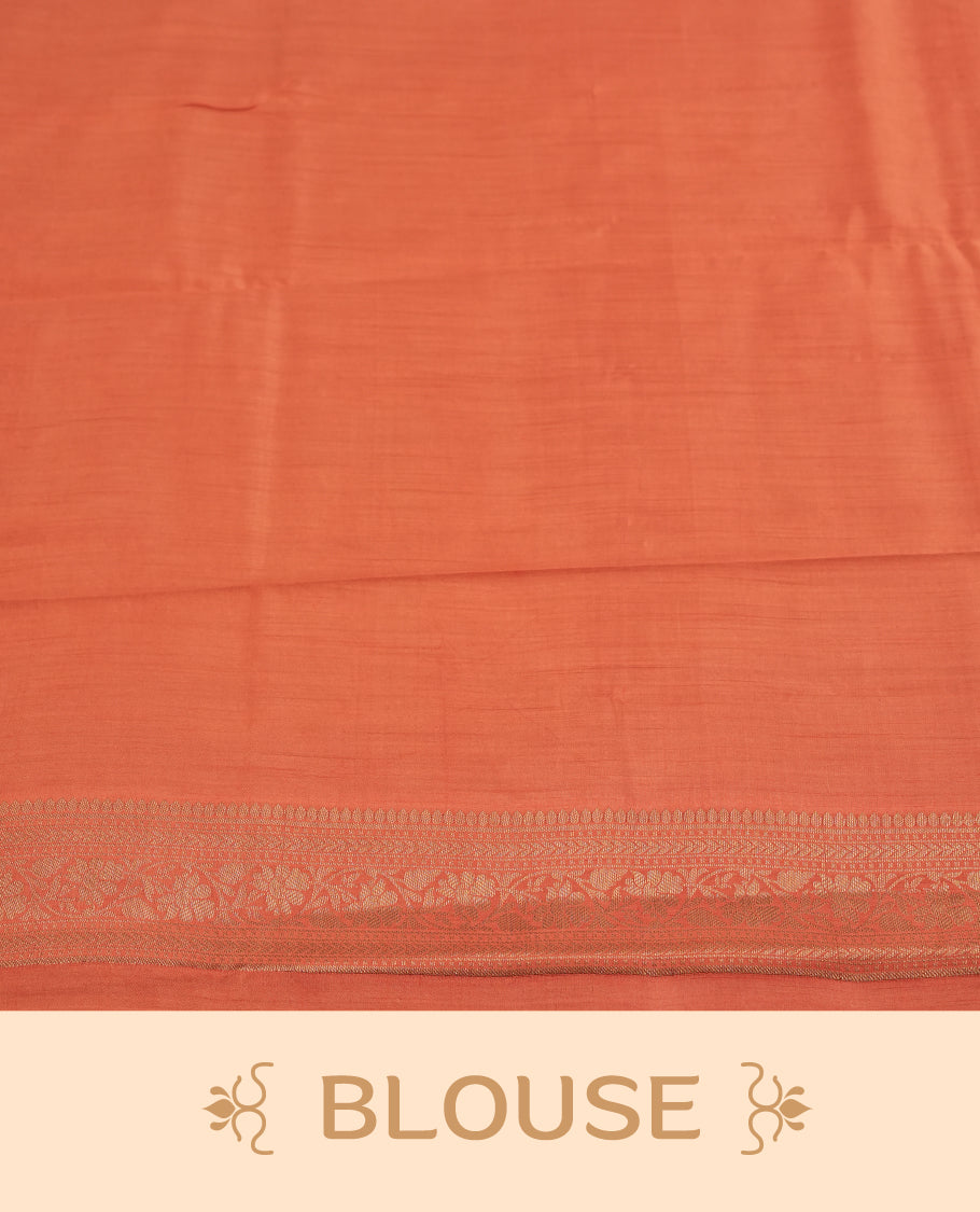 Rust orange colour pure banarasi tussar saree adorned with delicate golden motifs all over the body, complemented by an intricate Banarasi style silver zari border & Comes with a matching blouse piece.