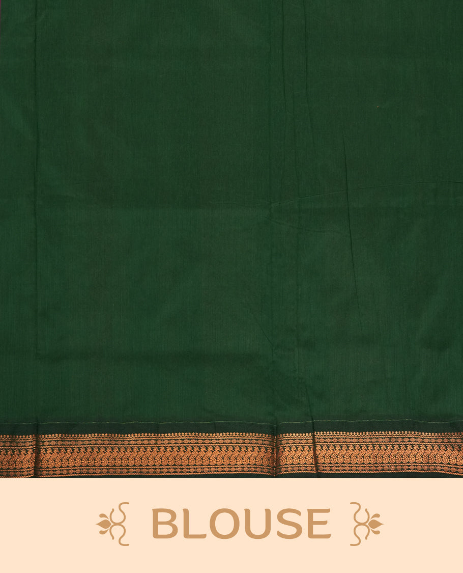 Purple colour Kalyani cotton saree with intricate small motifs all over, paired with a contrasting dark green rich zari woven border and pallu & Comes with a matching blouse piece