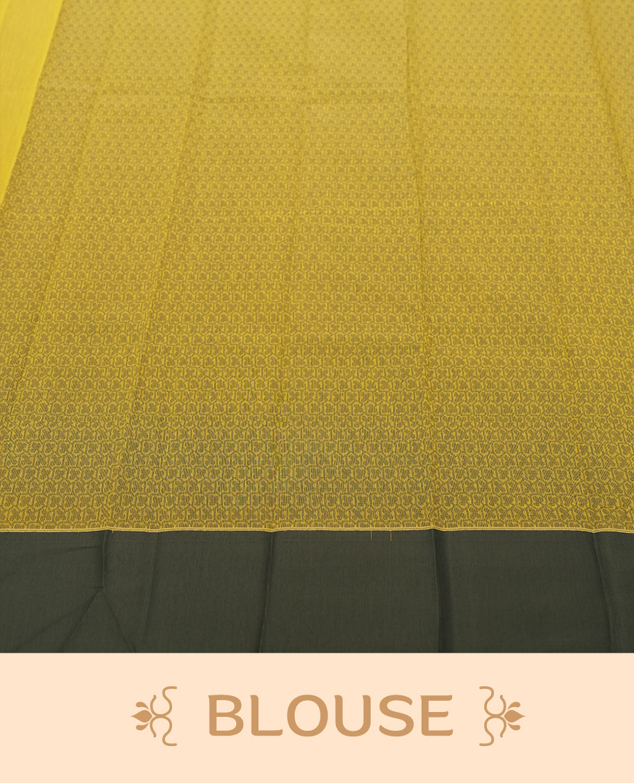 Lemon yellow colour silk cotton saree featuring elegant floral zari motifs on the body, complemented by a rich contrast dark plain border and pallu with traditional woven detailing & Comes with a matching blouse piece.