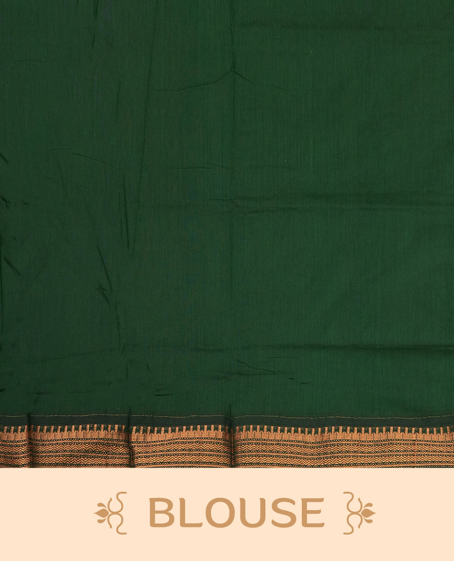 Lemon Green colour Kalyani Cotton saree with copper motifs, paired with a contrasting green border featuring intricate zari work & Comes with a matching blouse piece.