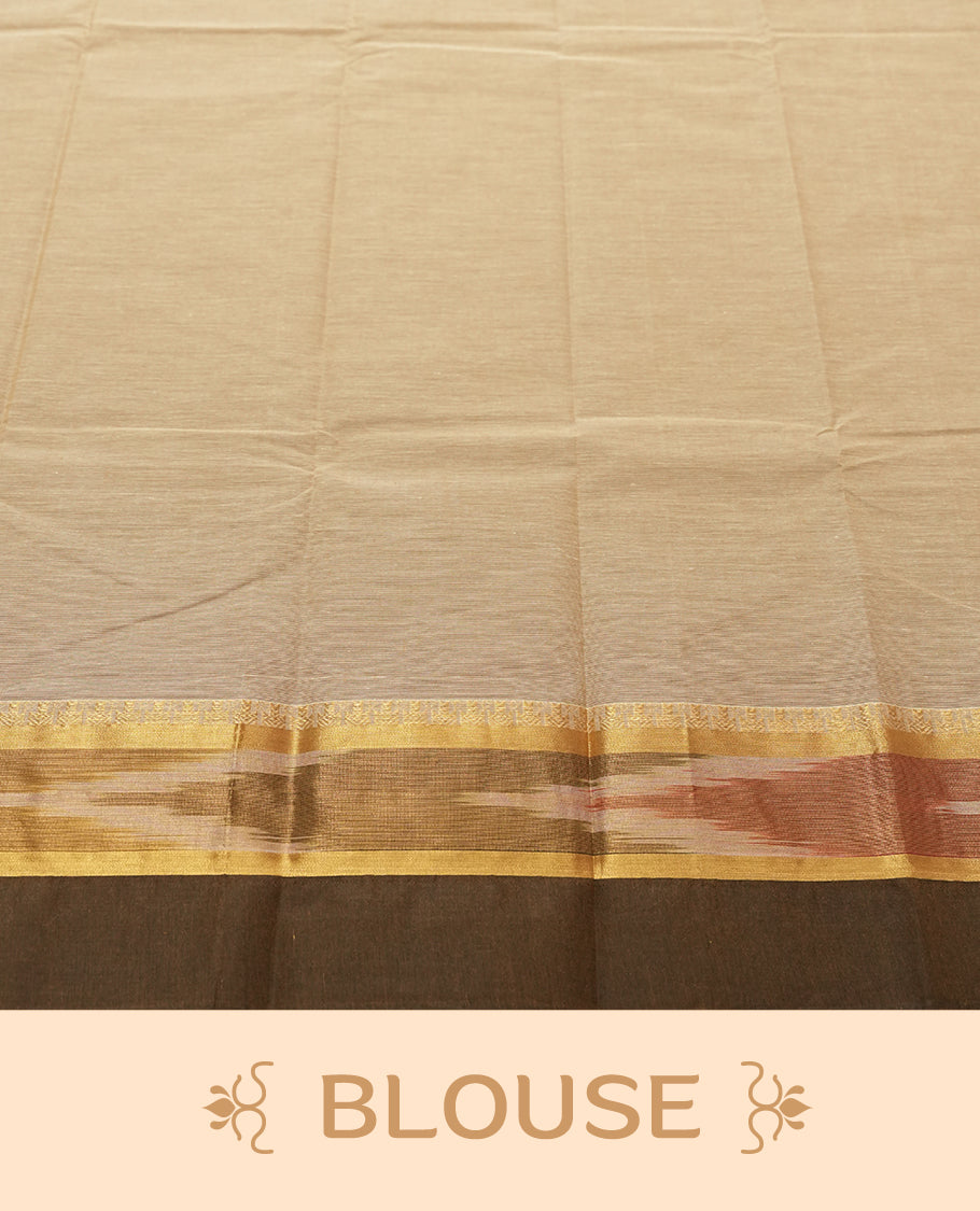 Beige Sand colour Silk Cotton Saree with Pastel Green Floral-Jacquard Pallu Panels and Chevron Bands, Body dotted with tiny thread buttas, Antique Gold Ikat-inspired border over Deep Olive lower edge, and a Plain Beige Sand Blouse with Matching