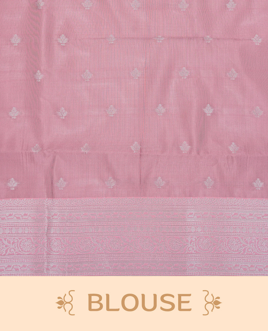 Grey colour semi silk saree featuring Silver zari Floral pattern on body, complemented by contrast Pink colour with silver zari border, comes with matching blouse piece.