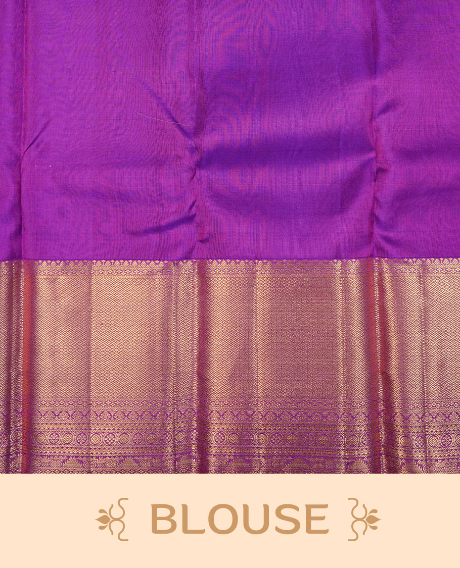 Violet Colour Pure Kancheepuram Silk Saree Featuring Gold Zari Elephant and Peacock In a Circle Pattern on the Body, Highlighting a Traditional Gold Zari Border, Paired with a Matching Blouse Piece.