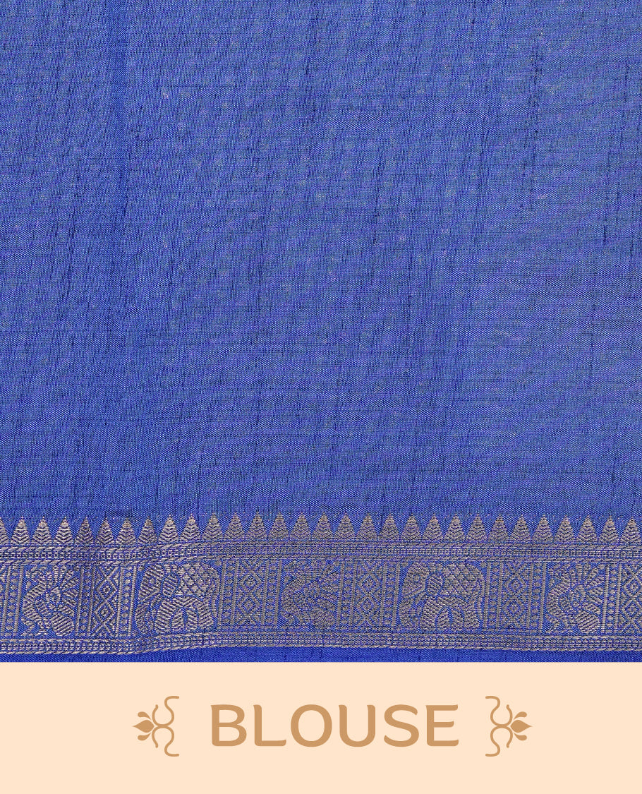 Cream colour Tussar silk saree Featuring Elegant Plain body, complemented by Contrast Blue colour with gold zari border, paired with matching blouse piece.