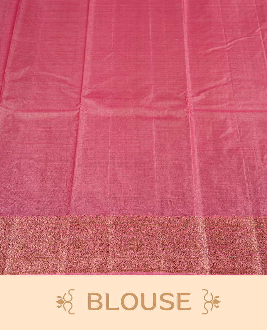 Copper toned colour pure banarasi tussar saree adorned with subtle silver zari motifs all over, complemented by a rich contrast magenta Banarasi border & Comes with a matching blouse piece.