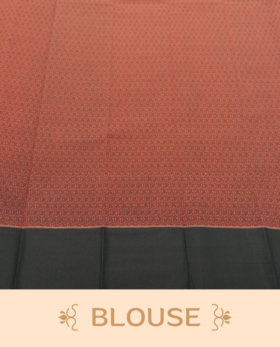 Peach orange silk cotton saree adorned with delicate woven motifs all over the body, paired with an elegant dark grey plain border and richly patterned pallu & Comes with a matching blouse piece for a complete ethnic look.