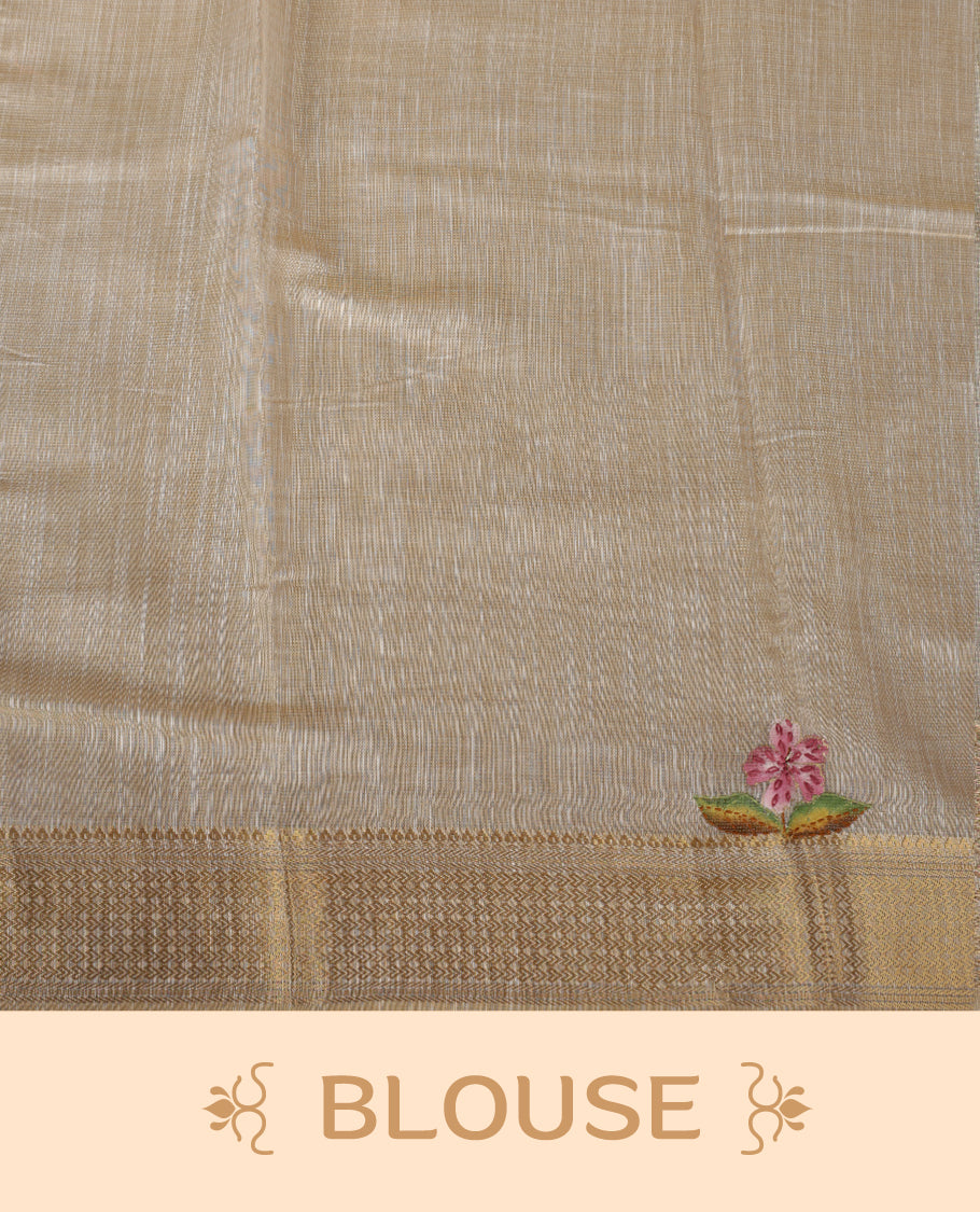 Beige colour Banarasi linen silk saree featuring hand brushed colour with Floral & birds printed pattern on body, gold zari woven geometric design border with self colour pallu and comes with a matching blouse