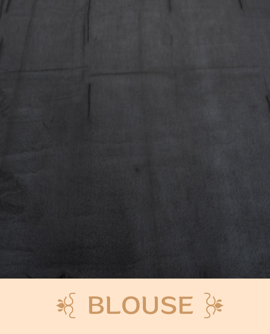 Black Silk Cotton Saree with Silver Butta Body and Ornamental Leaf Motif, Featuring Decorative Scalloped Silver Zari Border on Grand Pallu, Paired with Matching Plain Black Blouse Piece