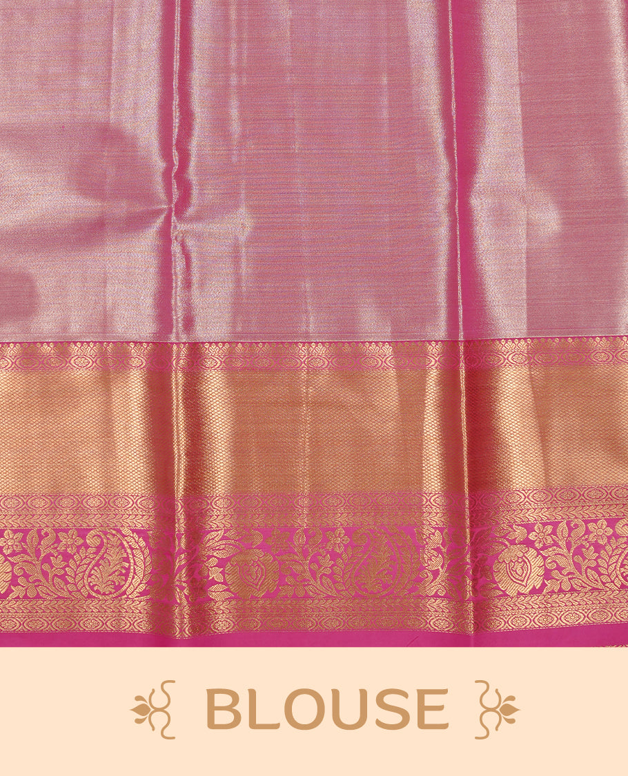 Blue & Silver double shade tissue silk saree Featuring Pink & Silver zari floral pattern on body, complemented by contrast Pink colour with traditional border, paired with matching blouse piece.