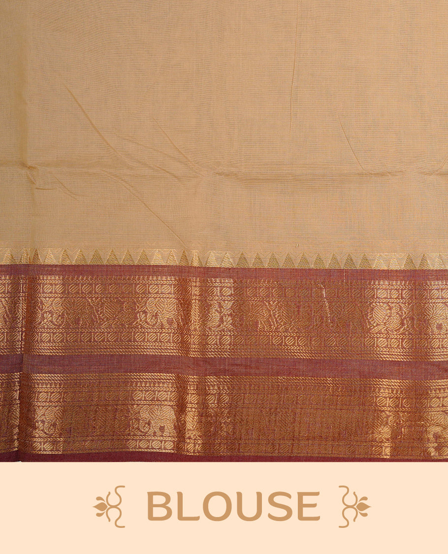 Cream colour chettinad cotton saree featuring Elegant plain body, complemented by contrast Brown colour with Gold zari border, paired with matching blouse piece.