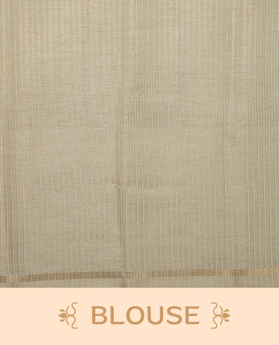 Beige colour semi tussar silk saree highlights gold and silver zari stripes across body, border, pallu and paired with matching blouse piece.