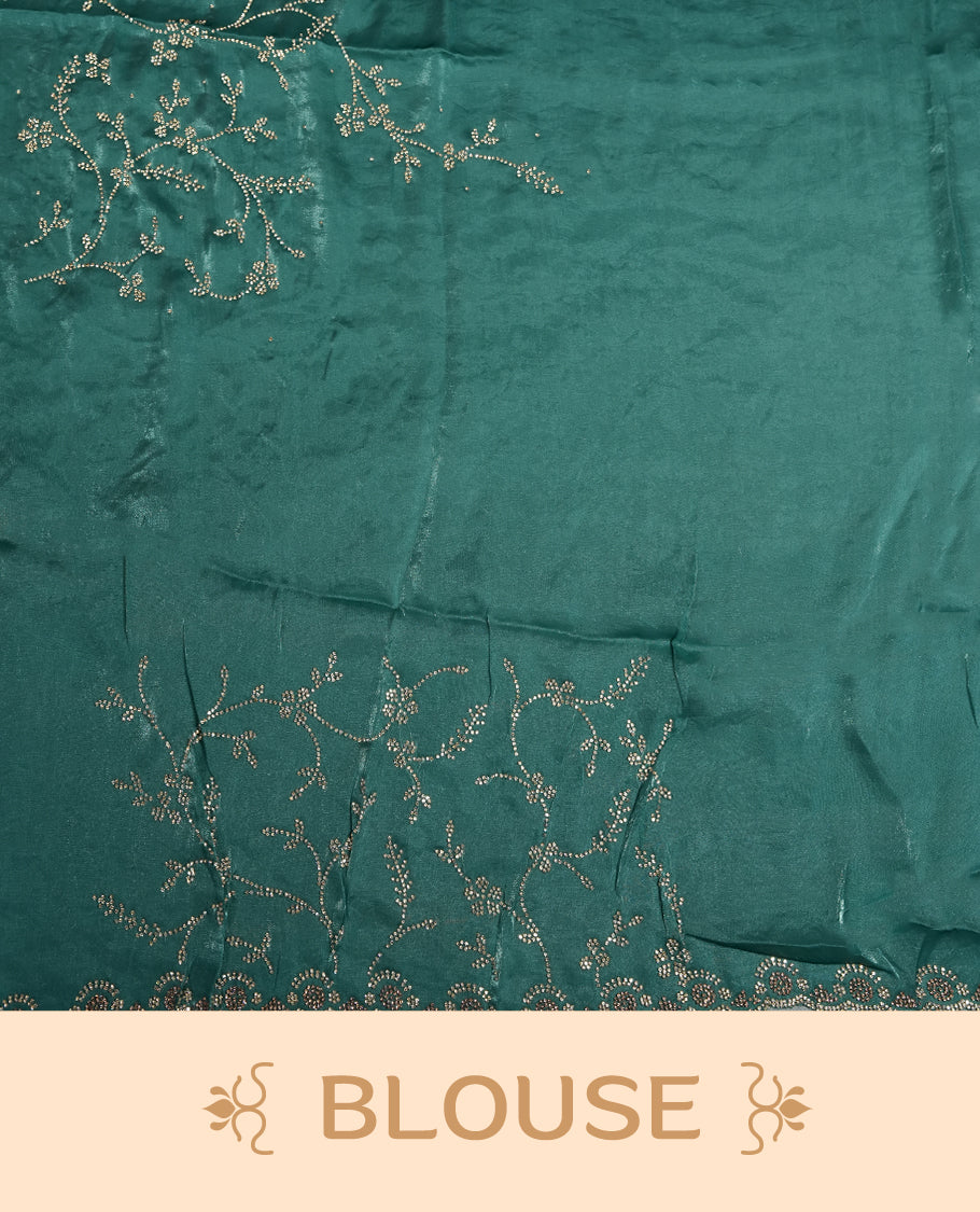 Mint Colour Chiffon Designer Saree featuring Delicate White Stone Work All Over the Body, with Stone Detailing on the Border and Pallu, paired with a Matching Blouse.